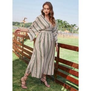 Shein Curve Tribal Maxi Dress 4XL Boho Belted Waist Ethnic Print Geometric Beige